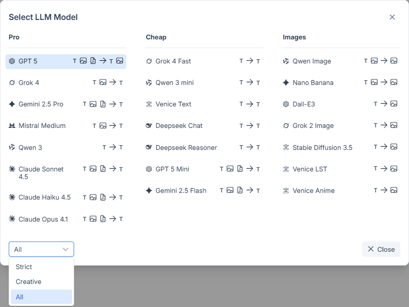 Filtering strict and creative, uncensored AI chatbots in Secret Chat using the LLM selector
