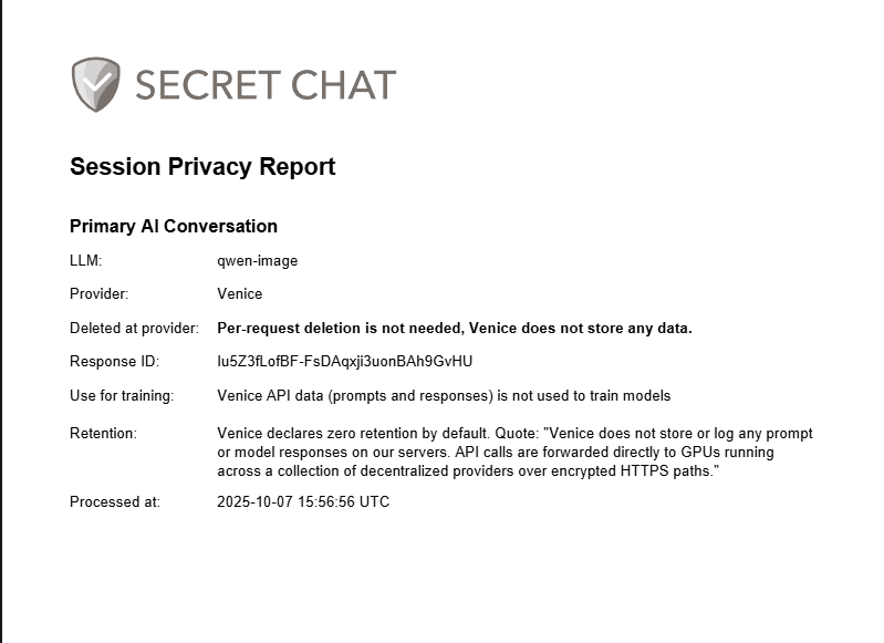 A Session Privacy Report from Secret Chat confirming that AI conversation data was deleted by the provider Venice AI, ensuring a provably private experience.