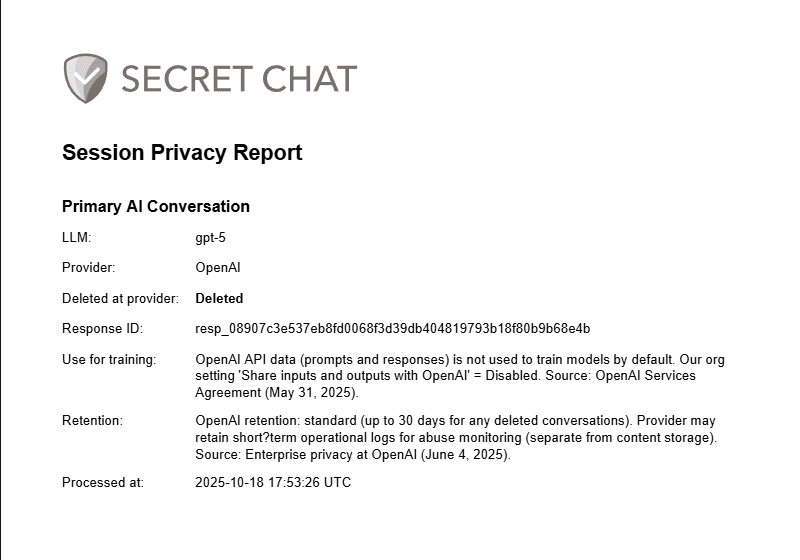 Secret Chat's Session Privacy Report showing proof of AI data deletion.
