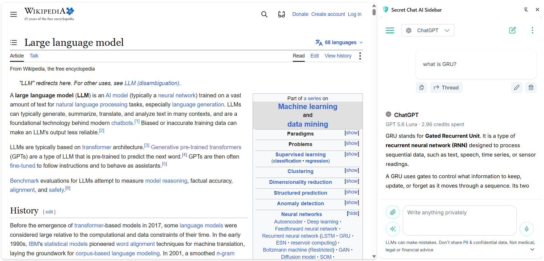A browser window with a Wikipedia article about large language models on the left and the Secret Chat AI sidebar open on the right, where ChatGPT answers a question the reader typed