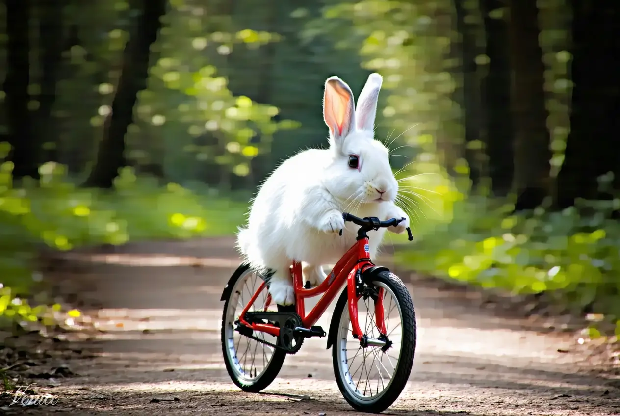 White rabbit on red bicycle in forest. Image style: Default(Photo). AI Model: Stable Diffusion 3.5