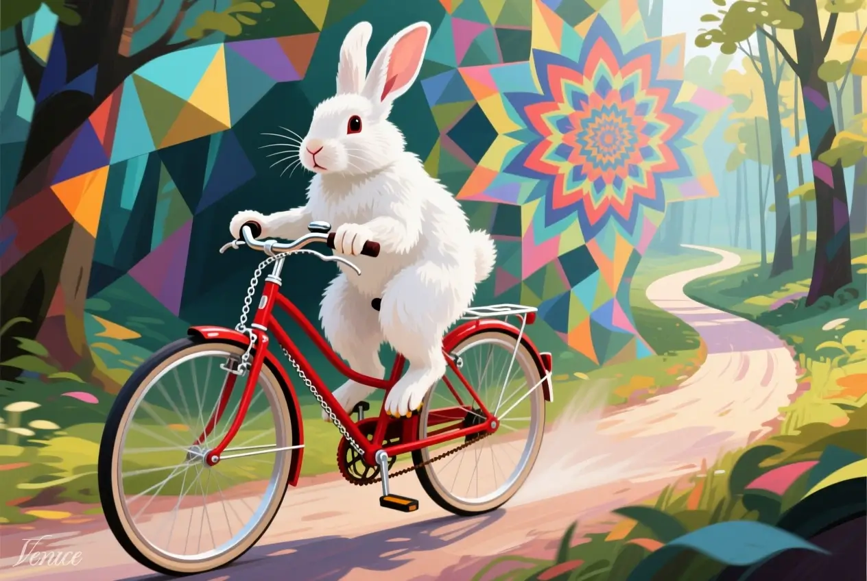 White rabbit on red bicycle in forest. Image style: Abstract. AI Model: Qwen