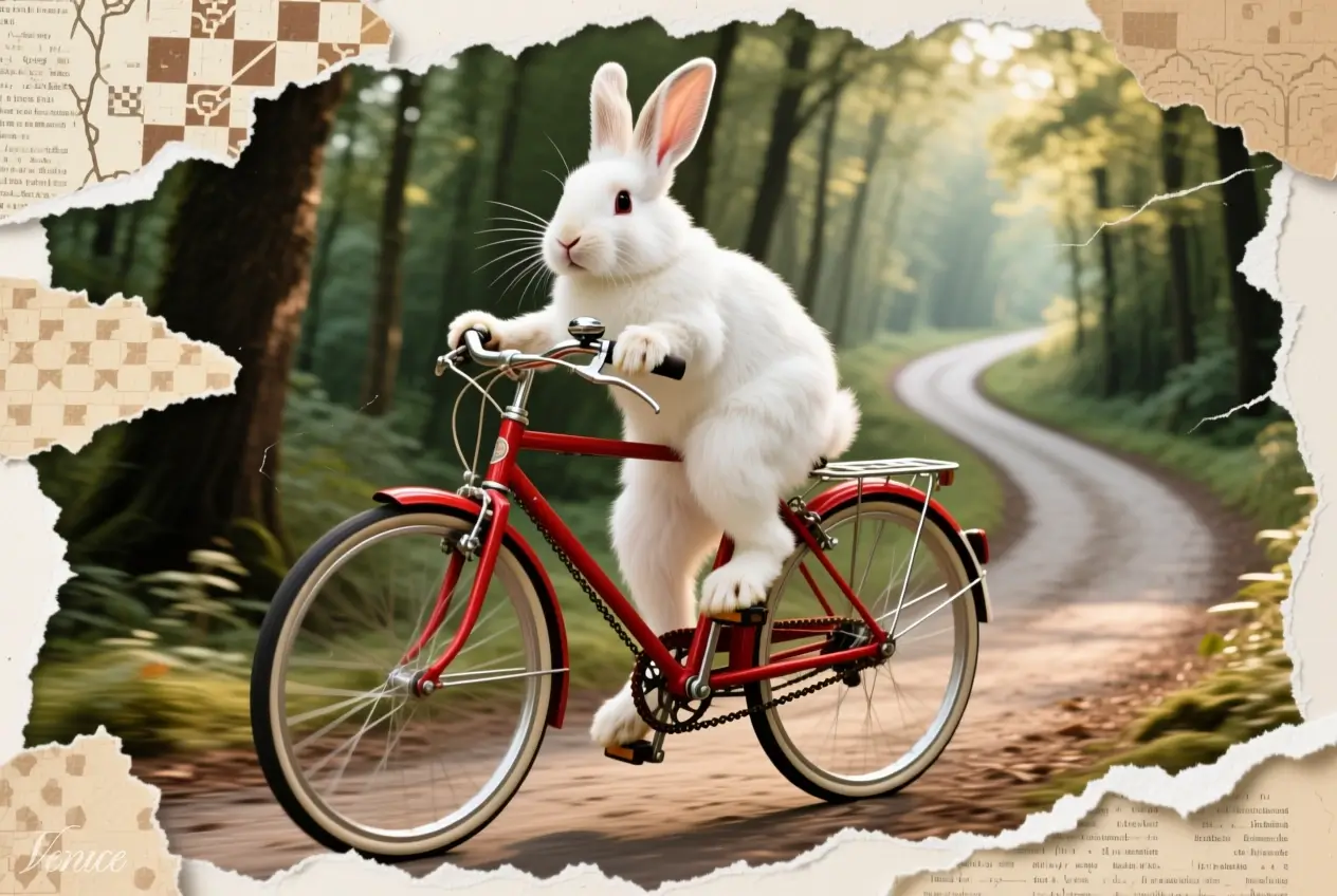 White rabbit on red bicycle in forest. Image style: Collage. AI Model: Qwen