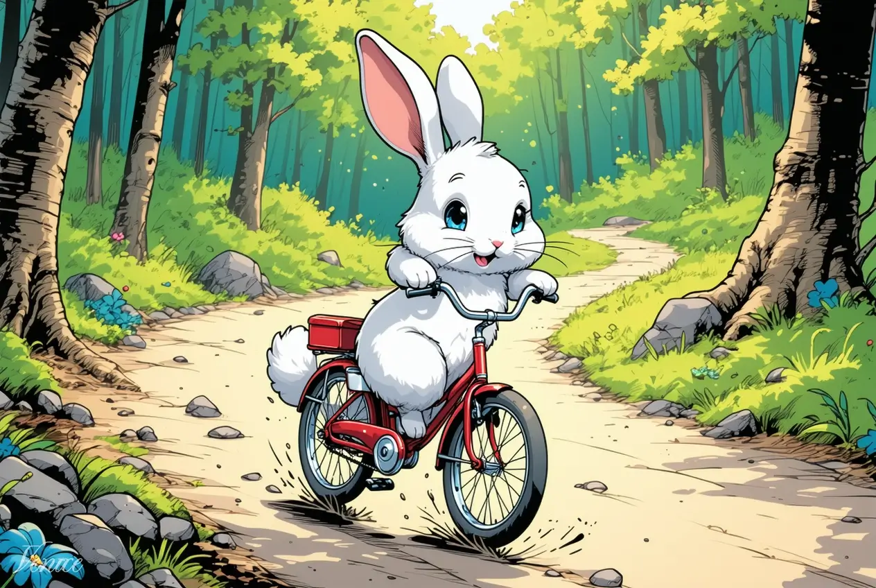 White rabbit on red bicycle in forest. Image style: Comic Book. AI Model: Stable Diffusion 3.5