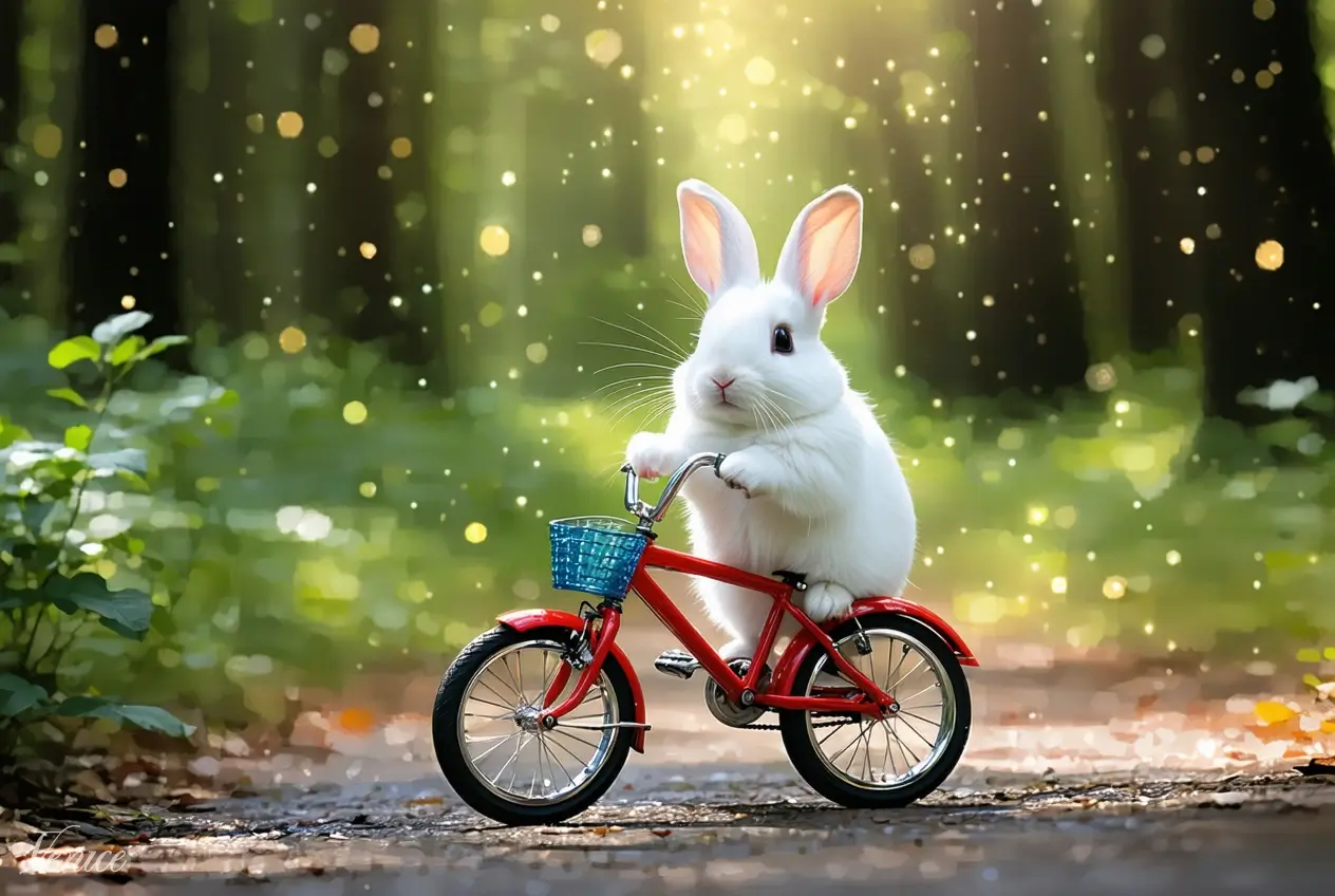 White rabbit on red bicycle in forest. Image style: Disco. AI Model: Stable Diffusion 3.5