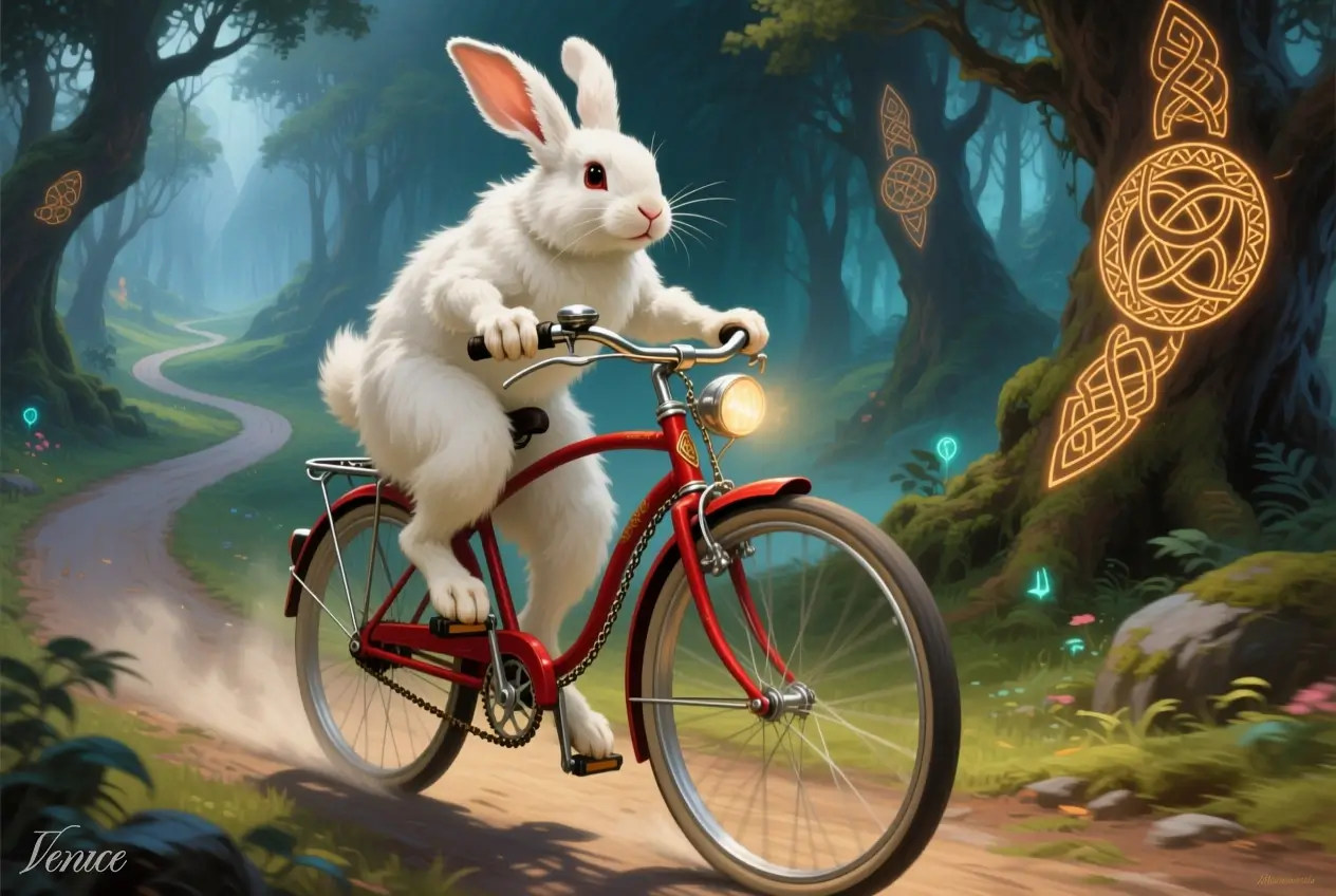 White rabbit on red bicycle in forest. Image style: Fantasy Art. AI Model: Qwen