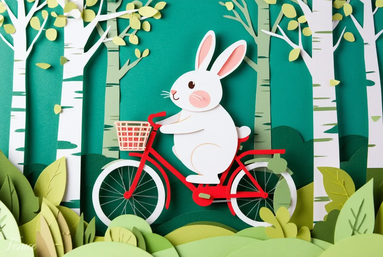 White rabbit on red bicycle in forest. Image style: Flat Papercut. AI Model: Stable Diffusion 3.5