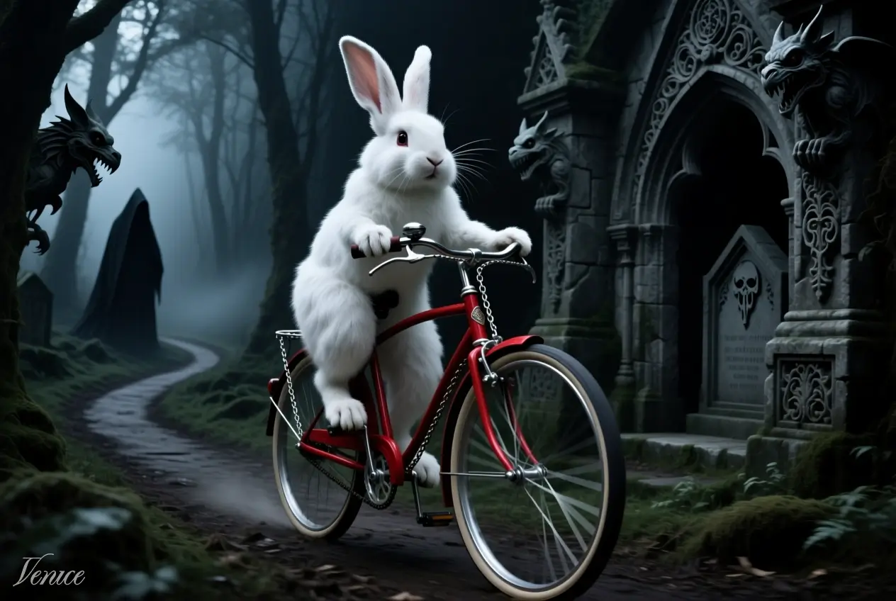 White rabbit on red bicycle in forest. Image style: Gothic. AI Model: Qwen