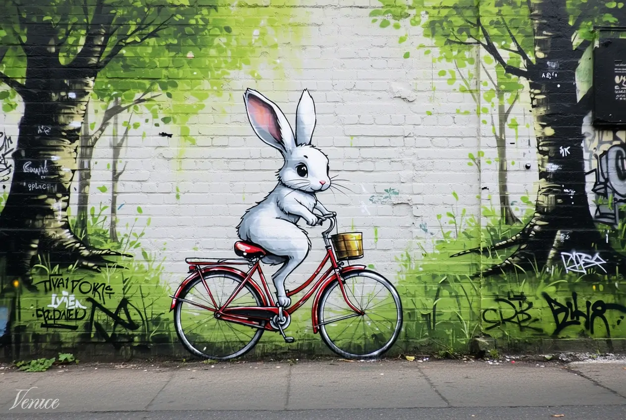 White rabbit on red bicycle in forest. Image style: Graffiti. AI Model: Stable Diffusion 3.5