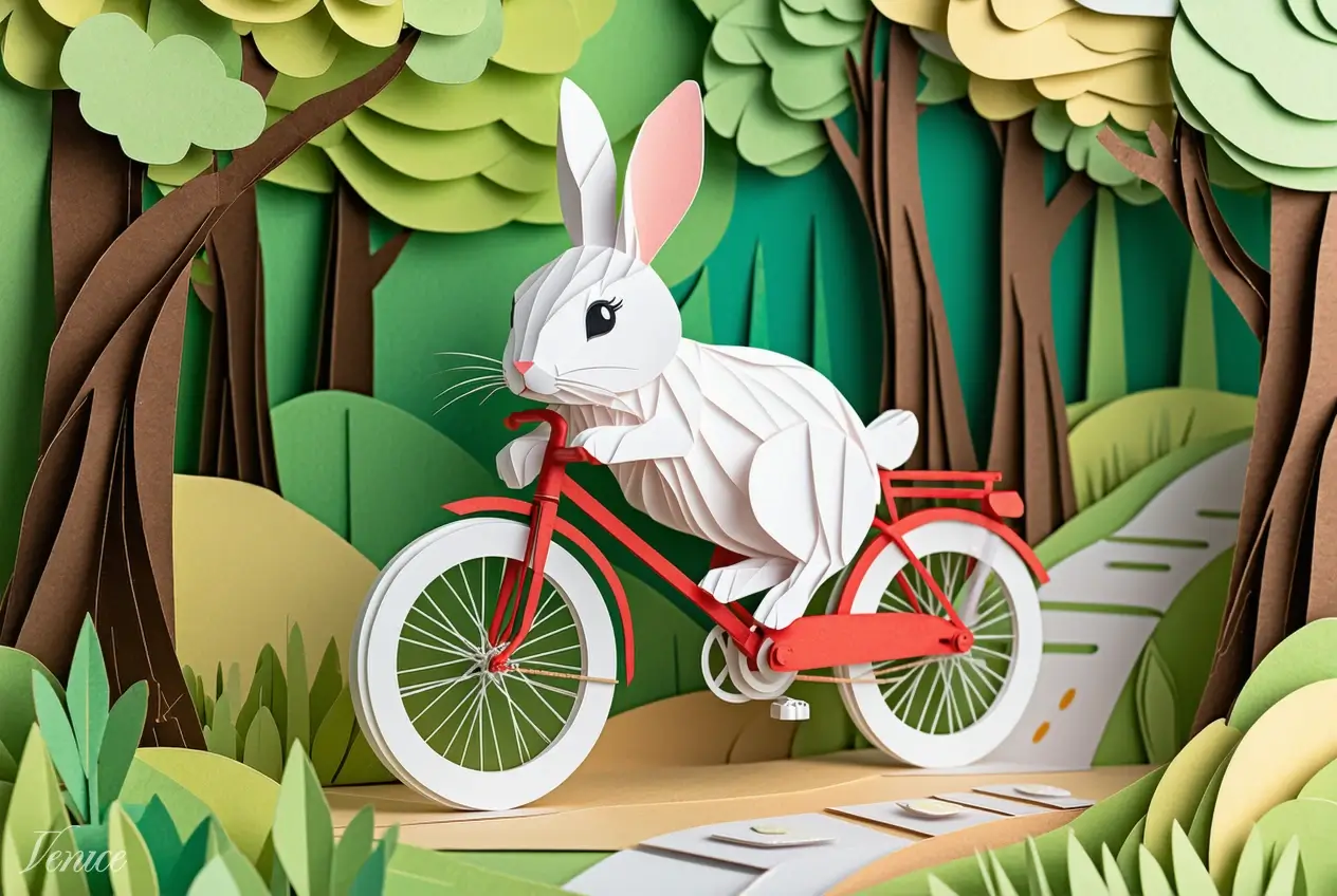 White rabbit on red bicycle in forest. Image style: Kirigami. AI Model: Stable Diffusion 3.5