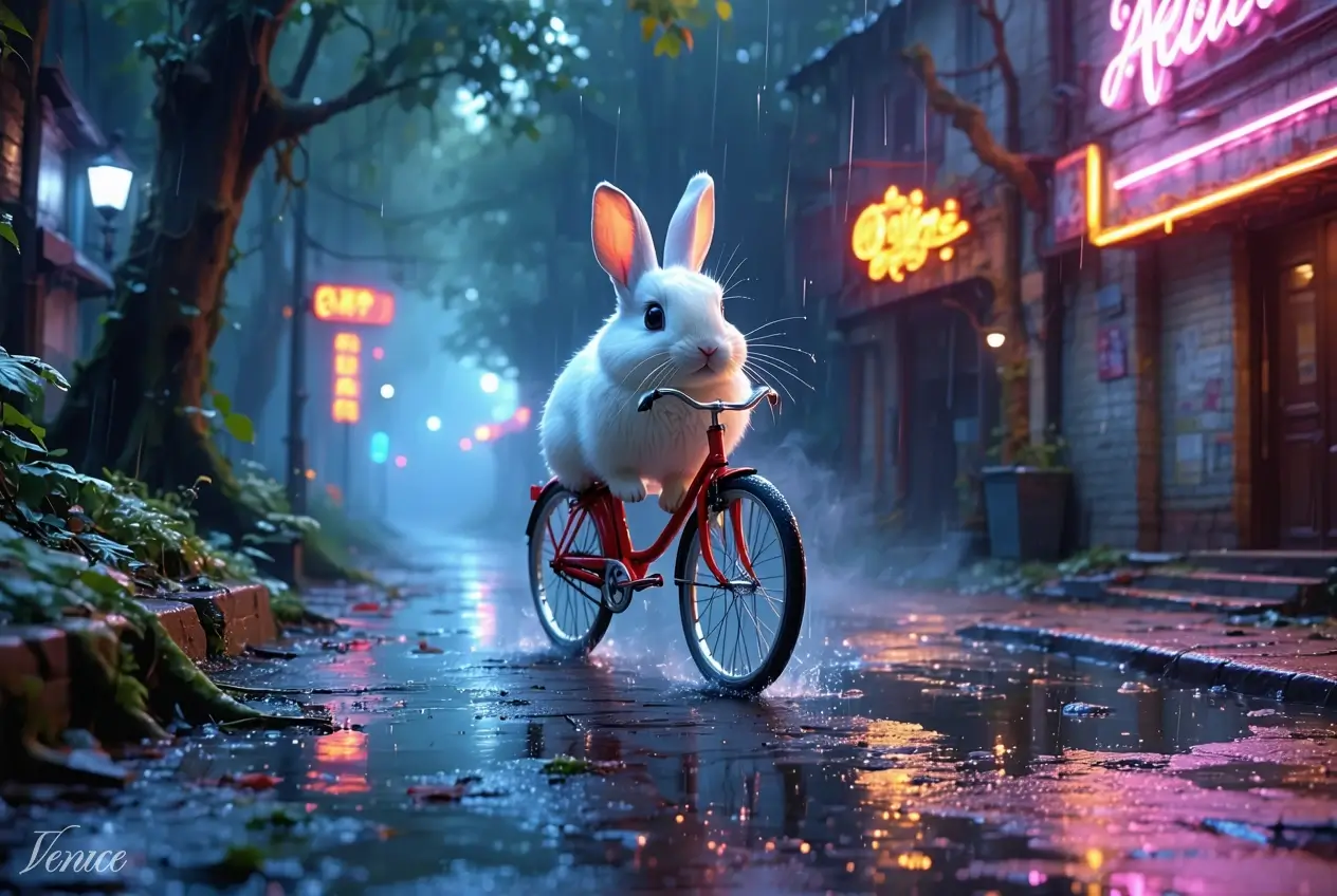 White rabbit on red bicycle in forest. Image style: Neon Noir. AI Model: Stable Diffusion 3.5