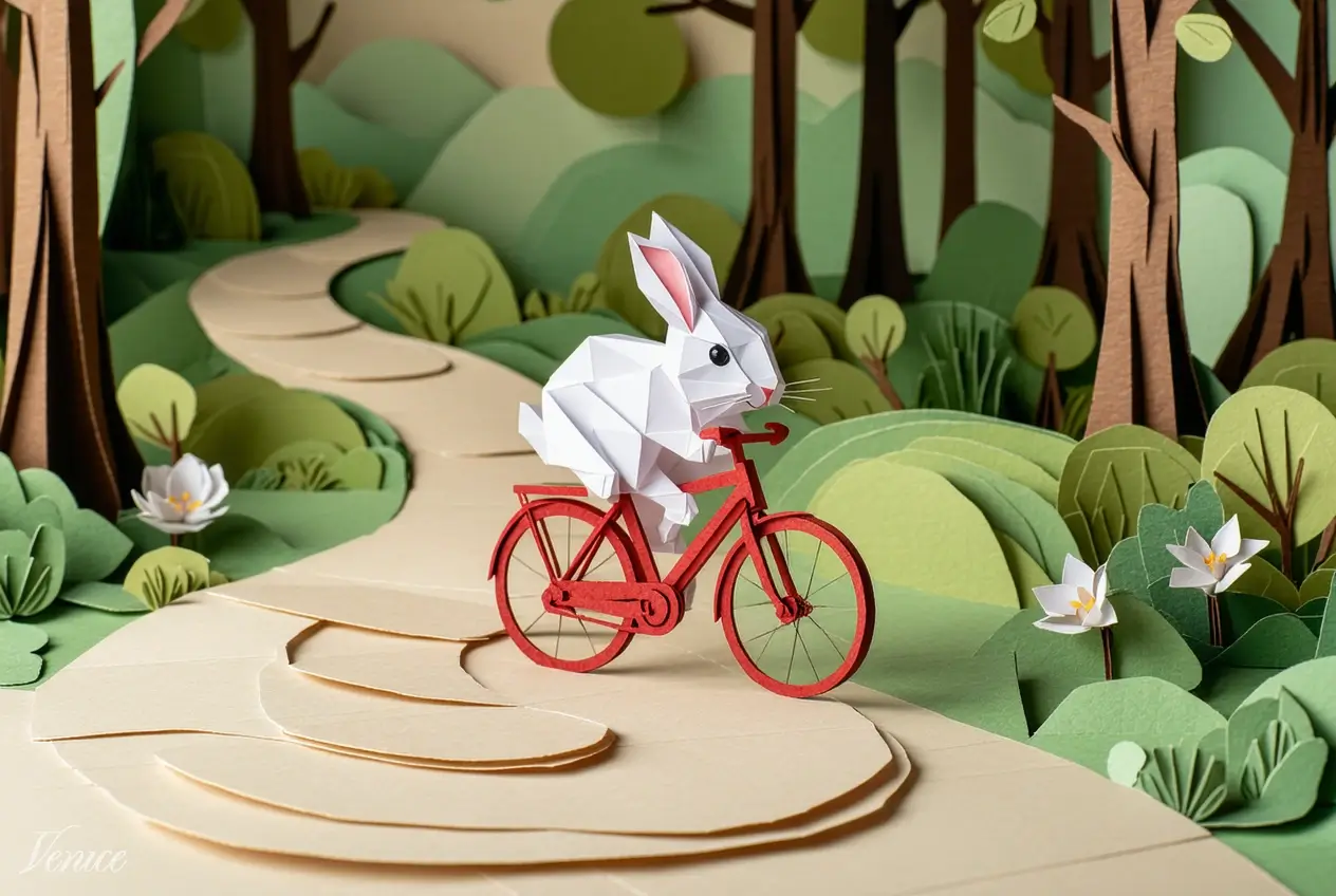White rabbit on red bicycle in forest. Image style: Origami. AI Model: Stable Diffusion 3.5