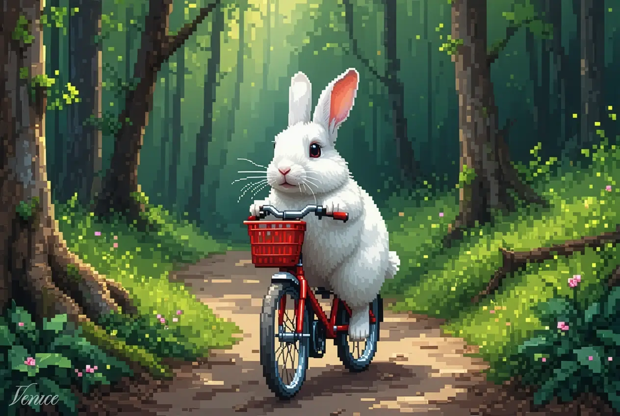 White rabbit on red bicycle in forest. Image style: Pixel Art. AI Model: Stable Diffusion 3.5