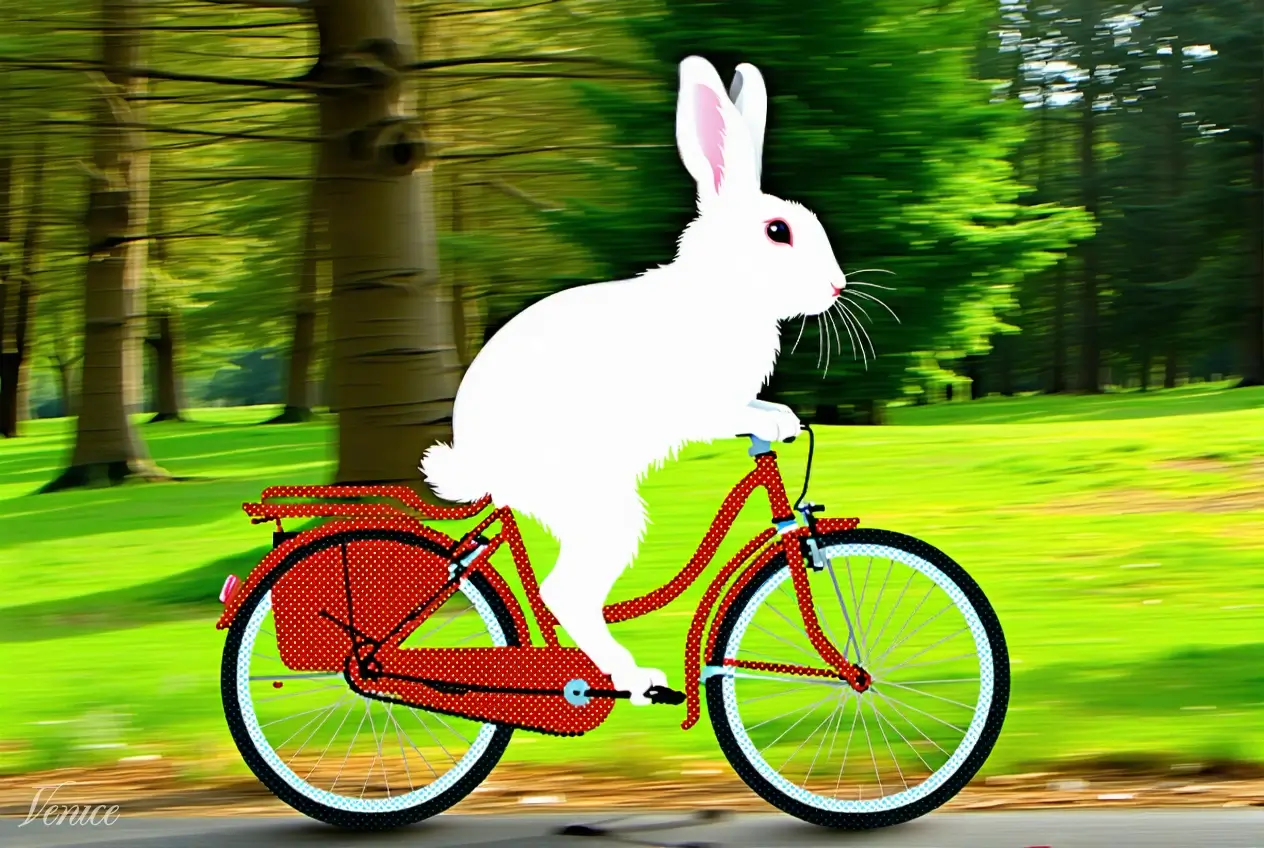 White rabbit on red bicycle in forest. Image style: Pointillism. AI Model: Stable Diffusion 3.5