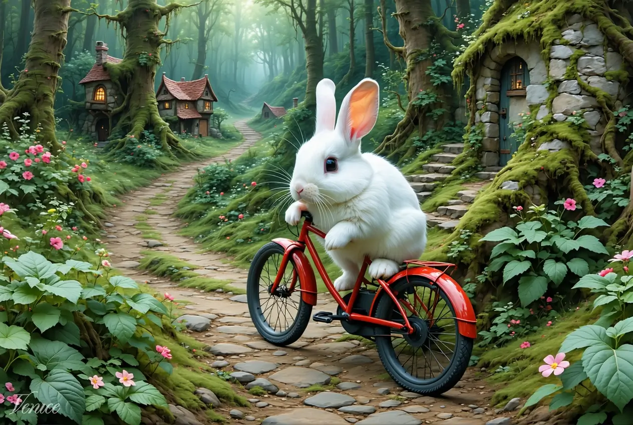 White rabbit on red bicycle in forest. Image style: Strategy Game. AI Model: Stable Diffusion 3.5