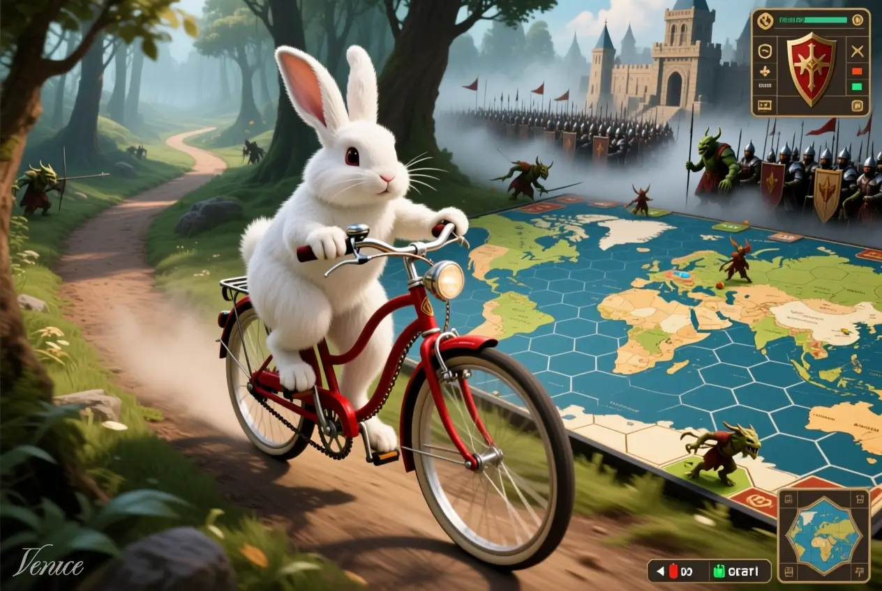 White rabbit on red bicycle in forest. Image style: Strategy Game. AI Model: Qwen