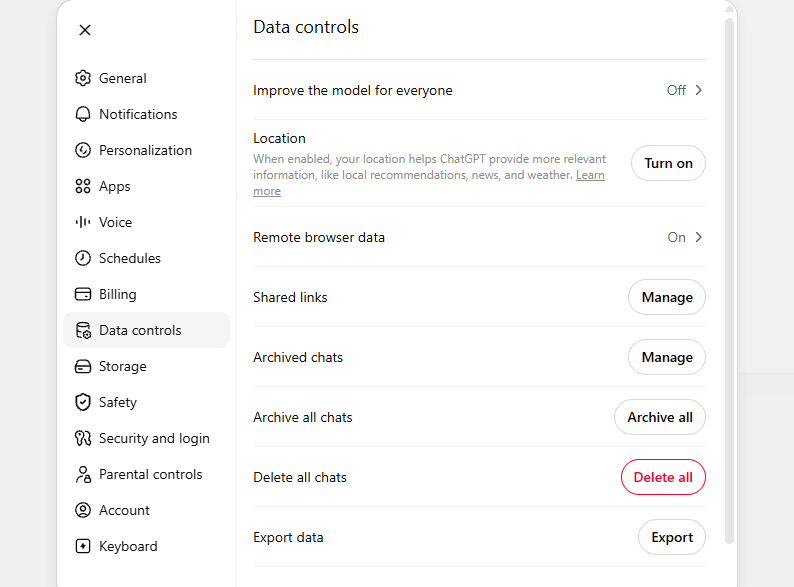 ChatGPT Data Controls settings showing the 'Improve the model for everyone' option set to Off